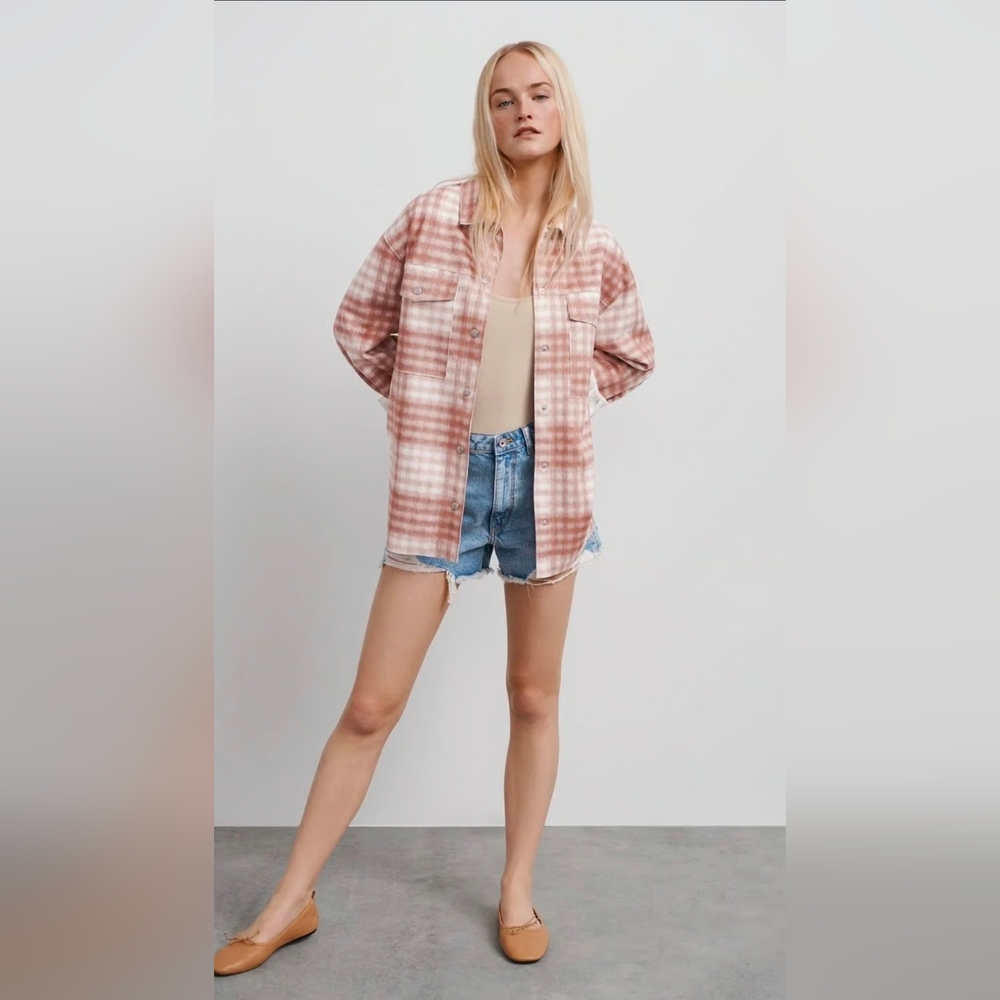 Zara Faux Suede Plaid Button-Down Shacket Size Small